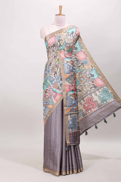 Grey dola silk kalamkari saree
