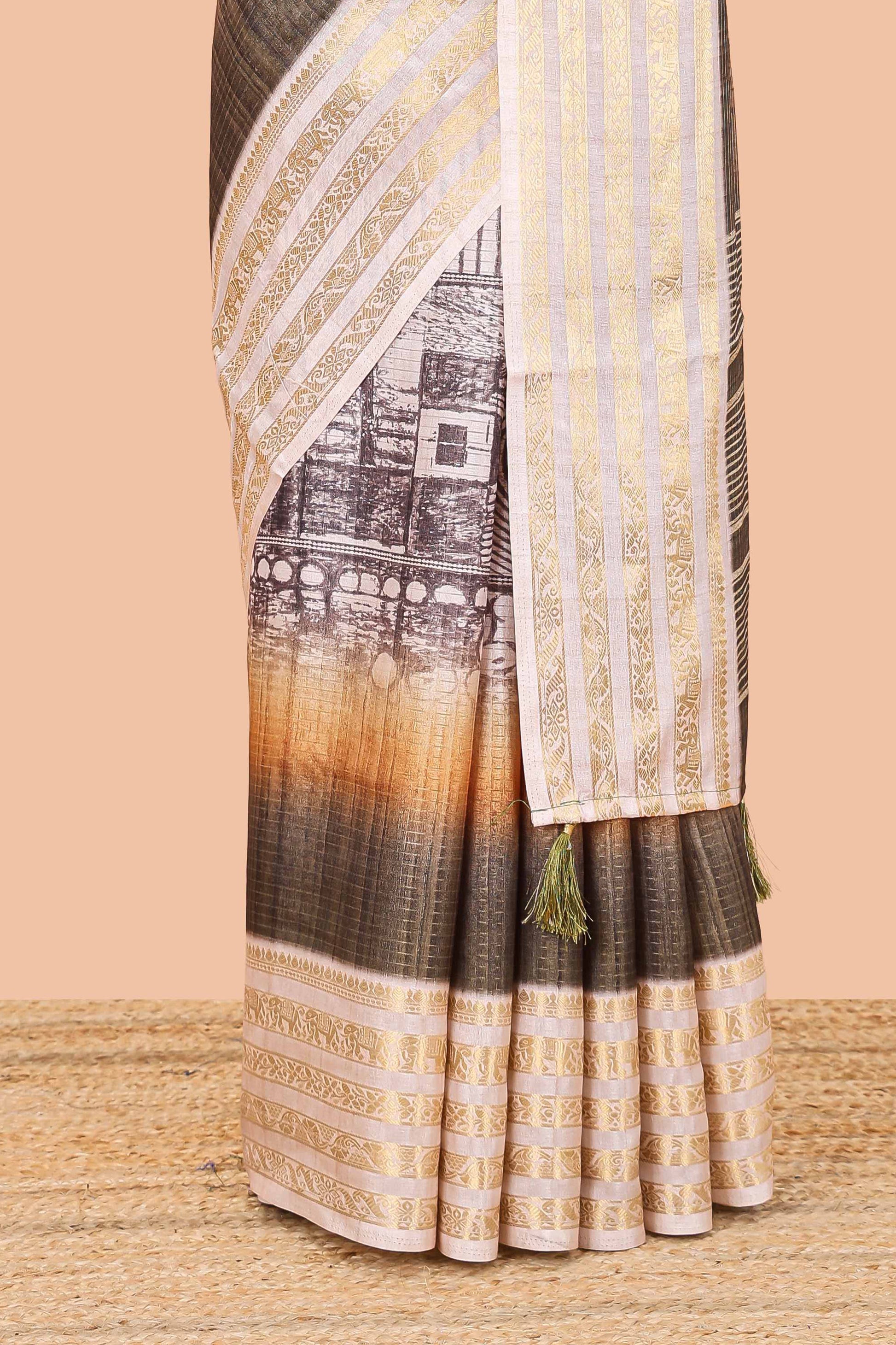 Grey dola silk printed pallu saree