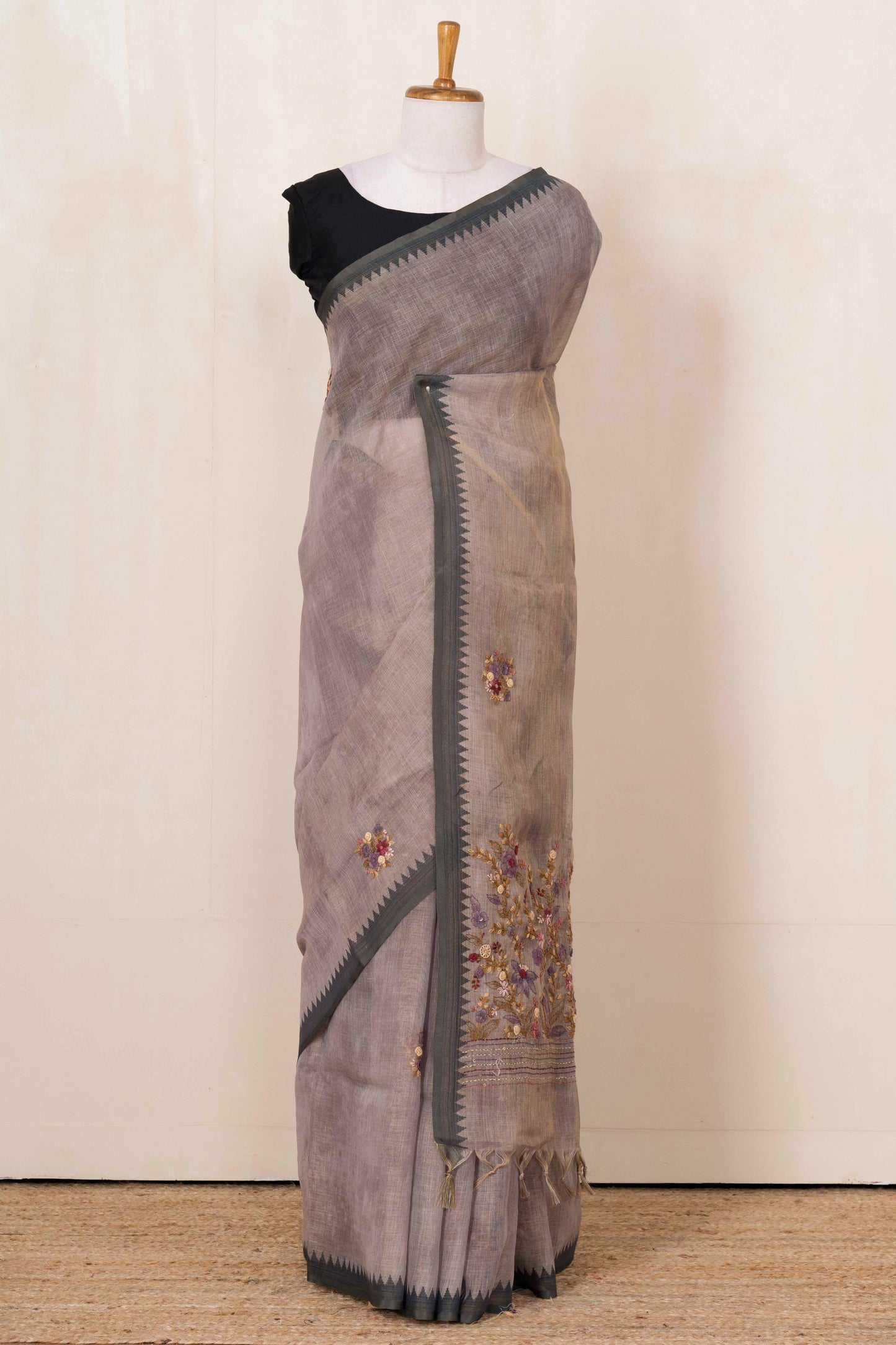 Grey embroidered linen saree