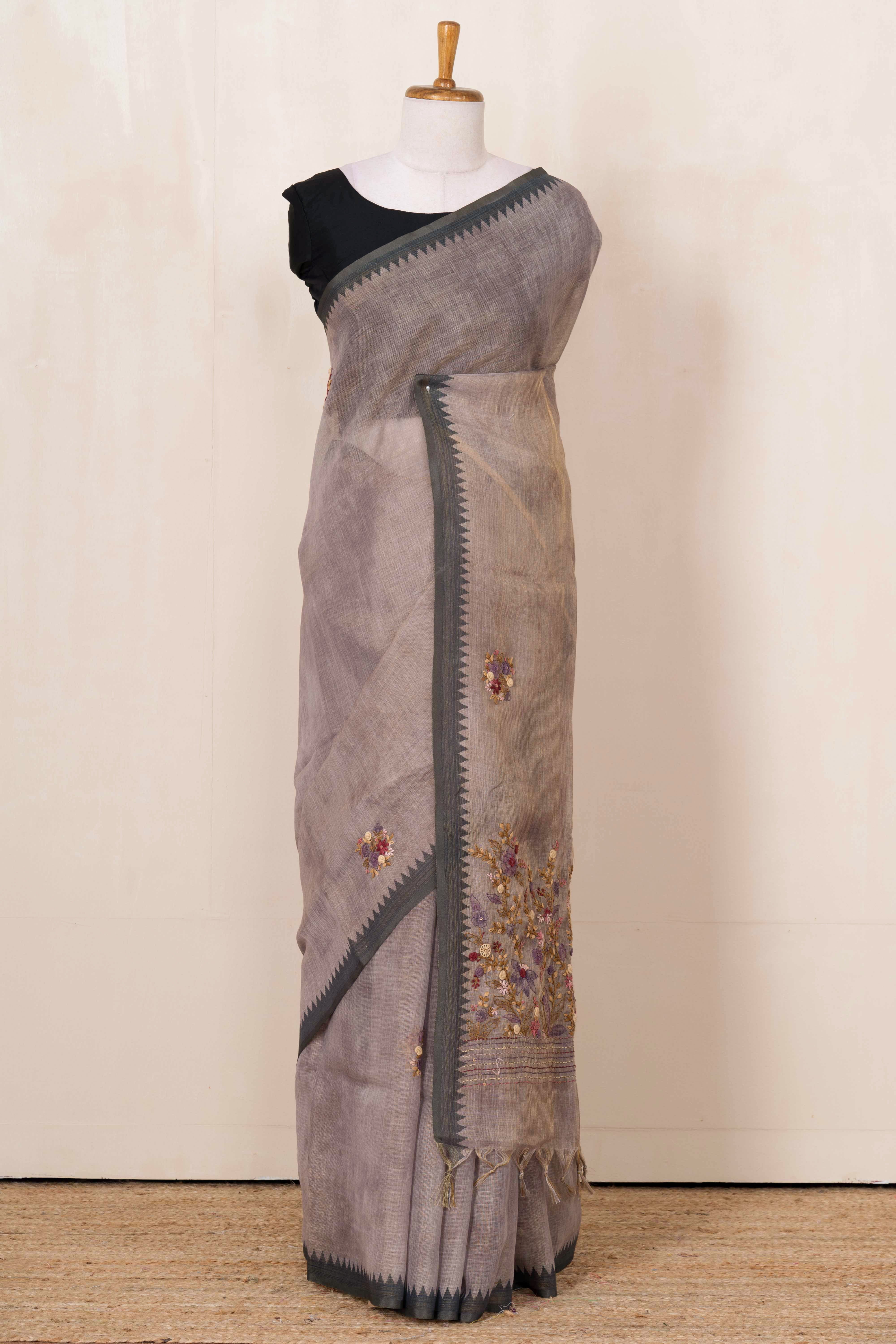 Grey embroidered linen saree