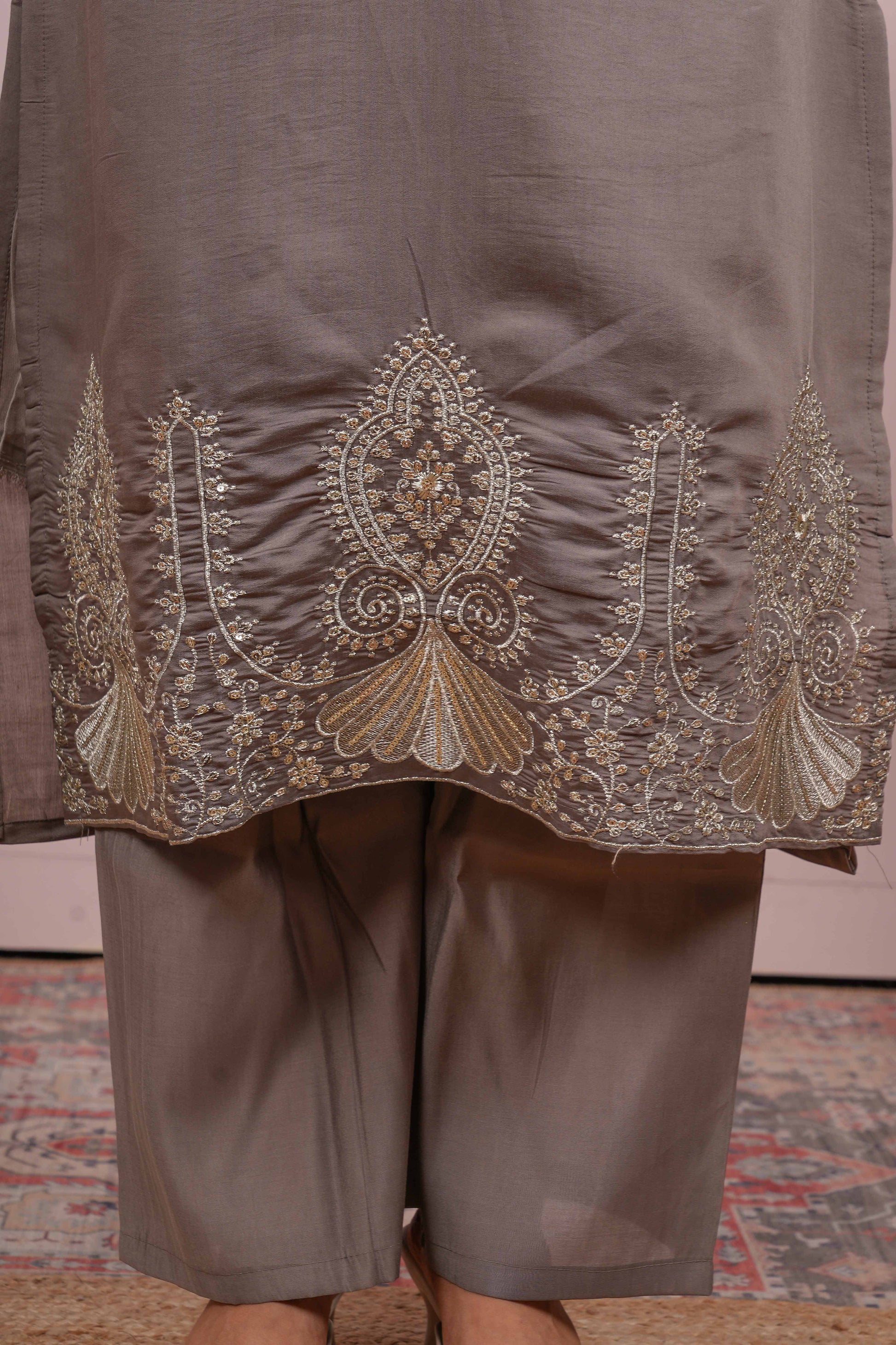 Grey embroidered neckline Chudidhar