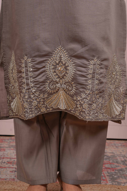 Grey embroidered neckline Chudidhar