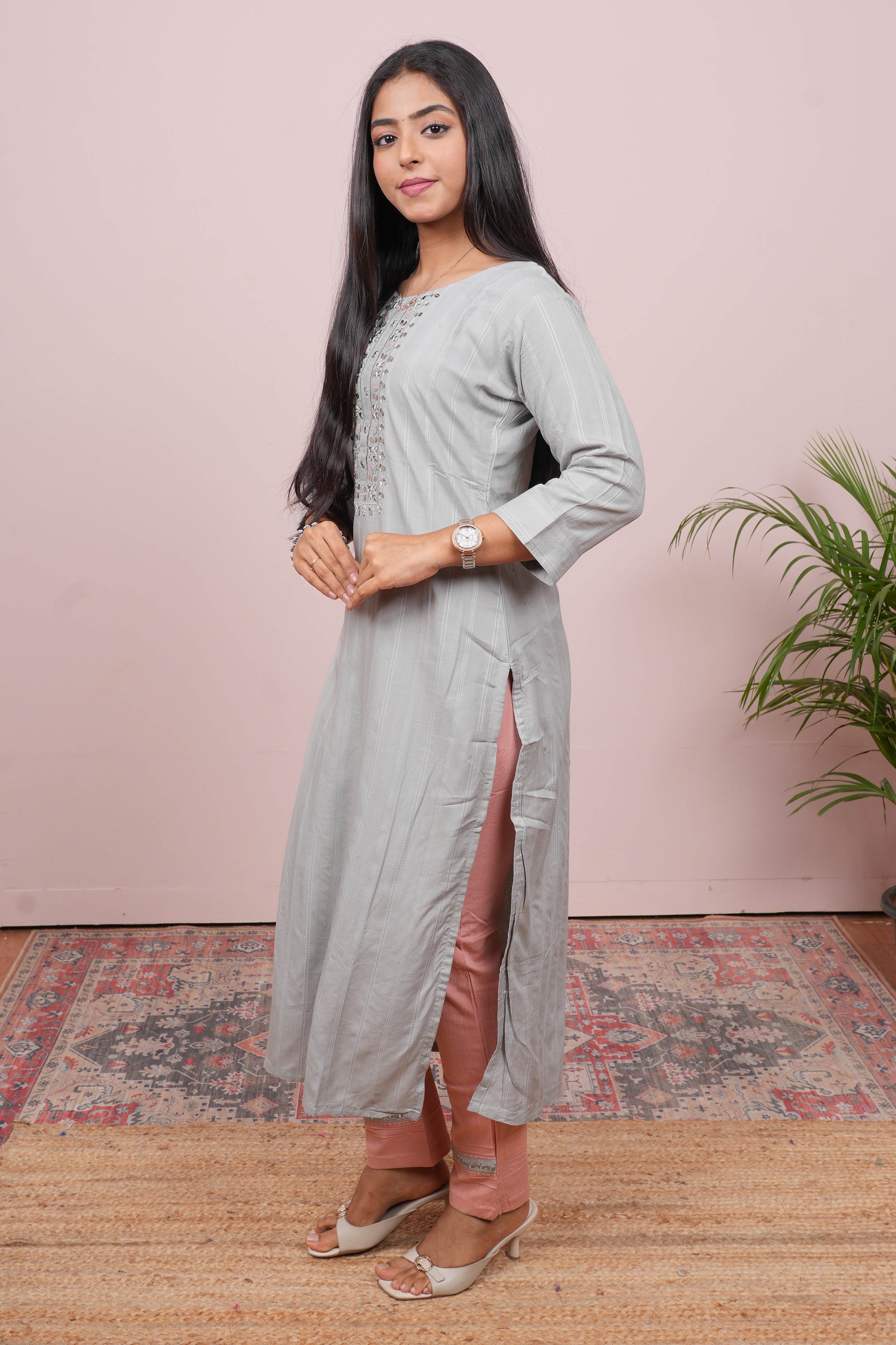Grey embroidered neckline suit