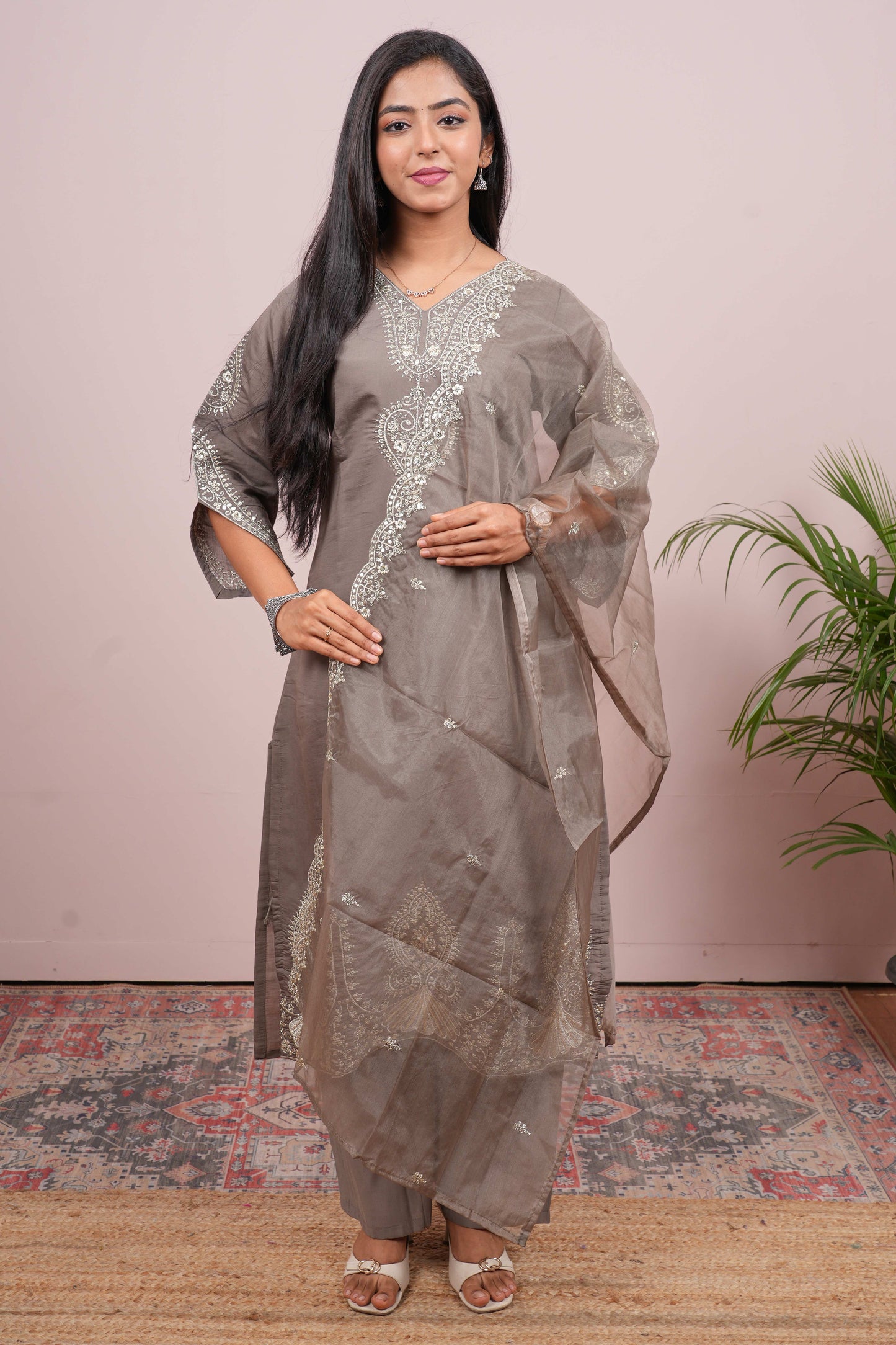 Grey embroidered zari salwar suit set