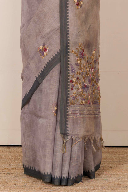 Grey floral linen saree design