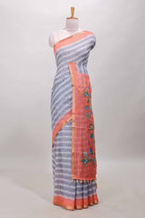 Grey floral petal design linen cotton saree