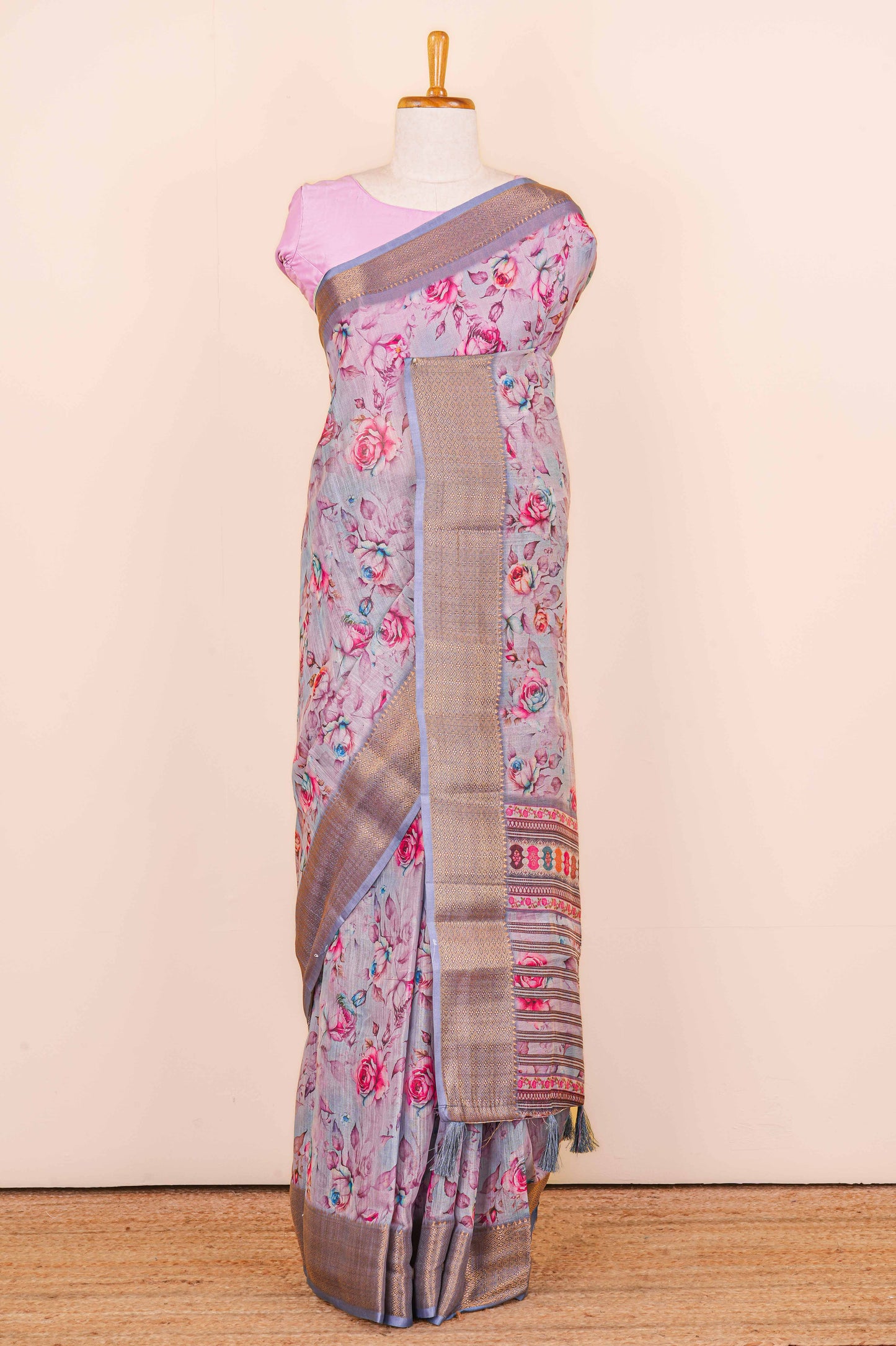 Grey floral print linen saree
