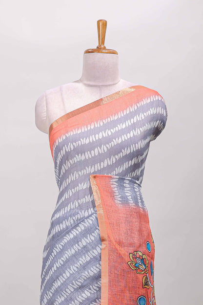 Grey floral print pallu linen cotton saree