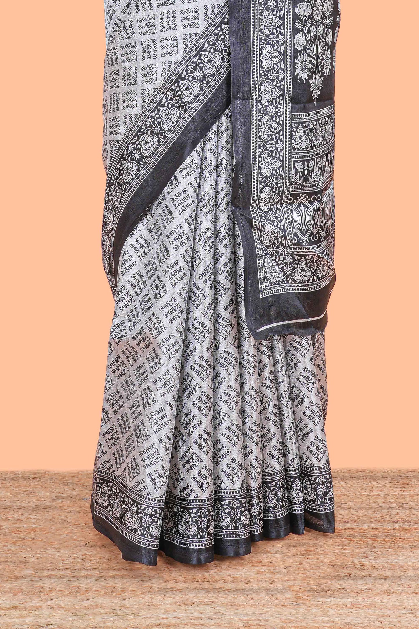 Grey khadi cotton body print saree