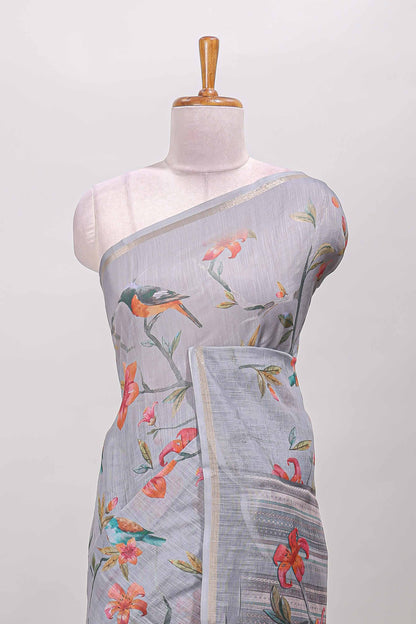 Grey linen saree with self zari border