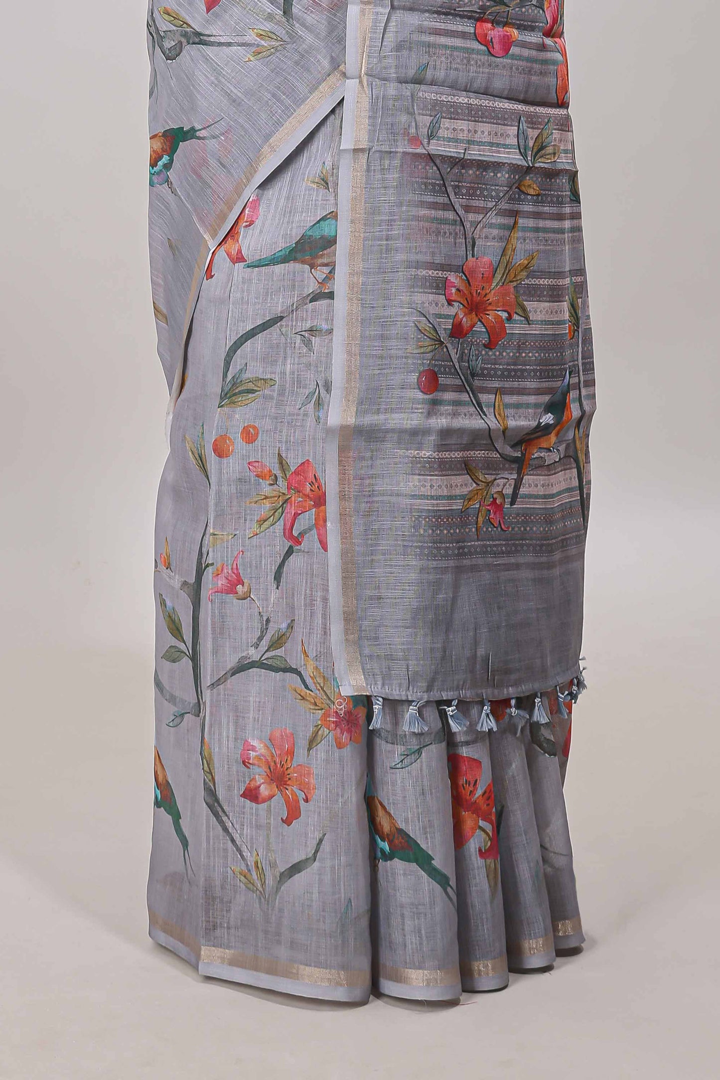 Grey printed blouse linen cotton saree