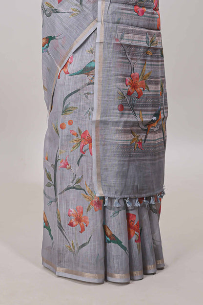 Grey printed blouse linen cotton saree