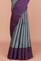 Grey purple bordered silk saree