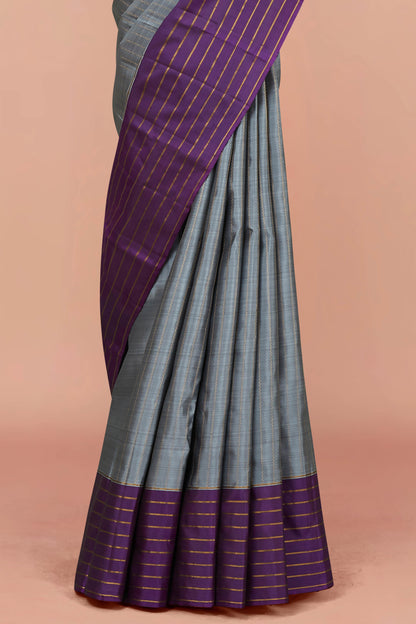 Grey purple bordered silk saree