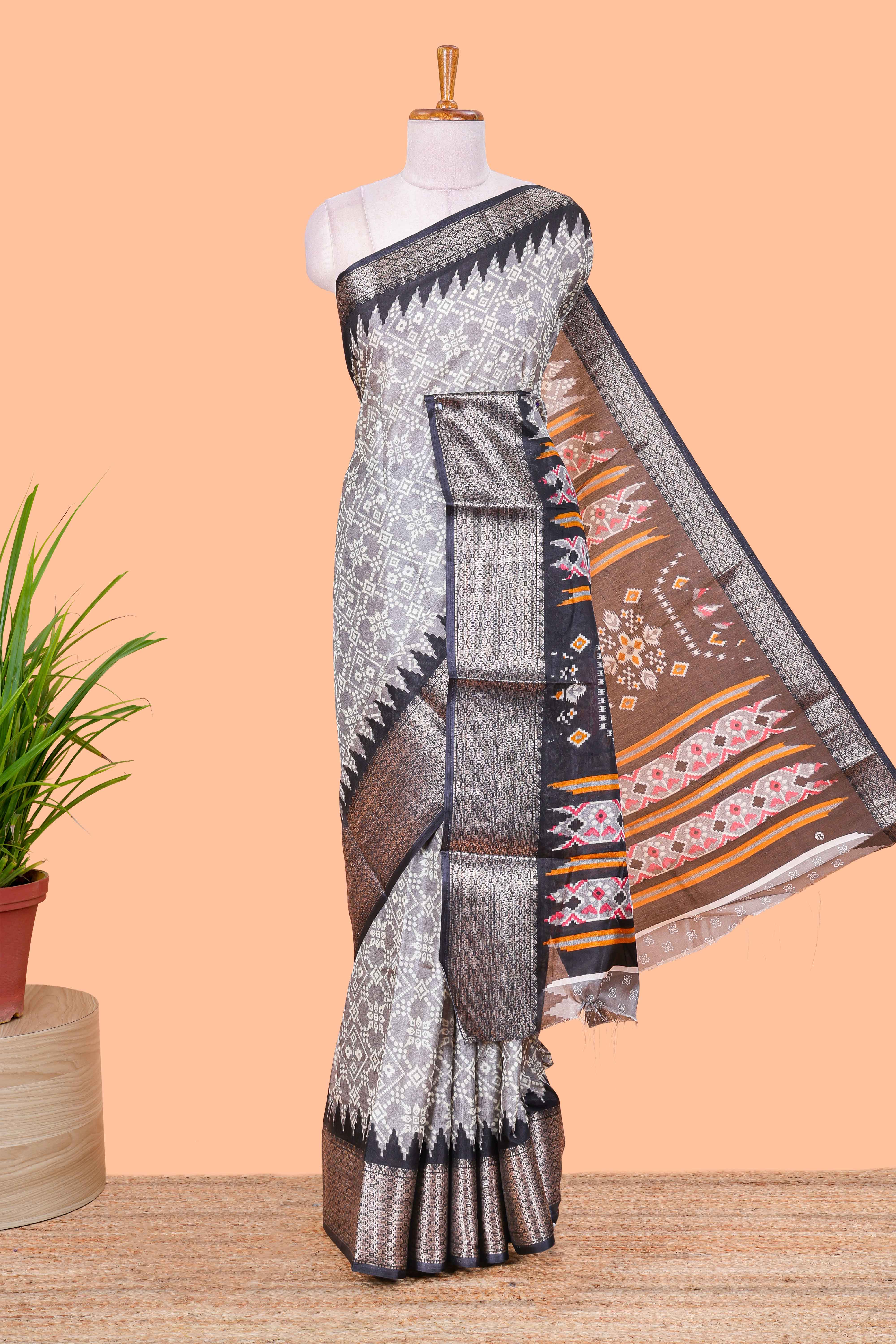 Grey semi dola bandhini saree