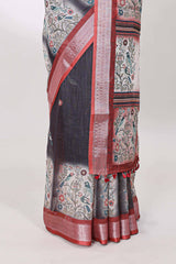 Grey traditional printed linen saree