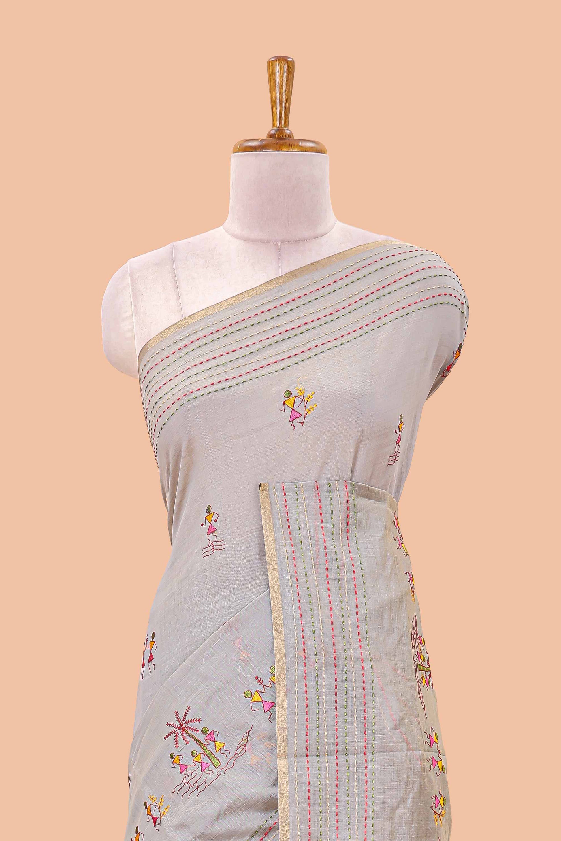 Grey warli art chanderi saree