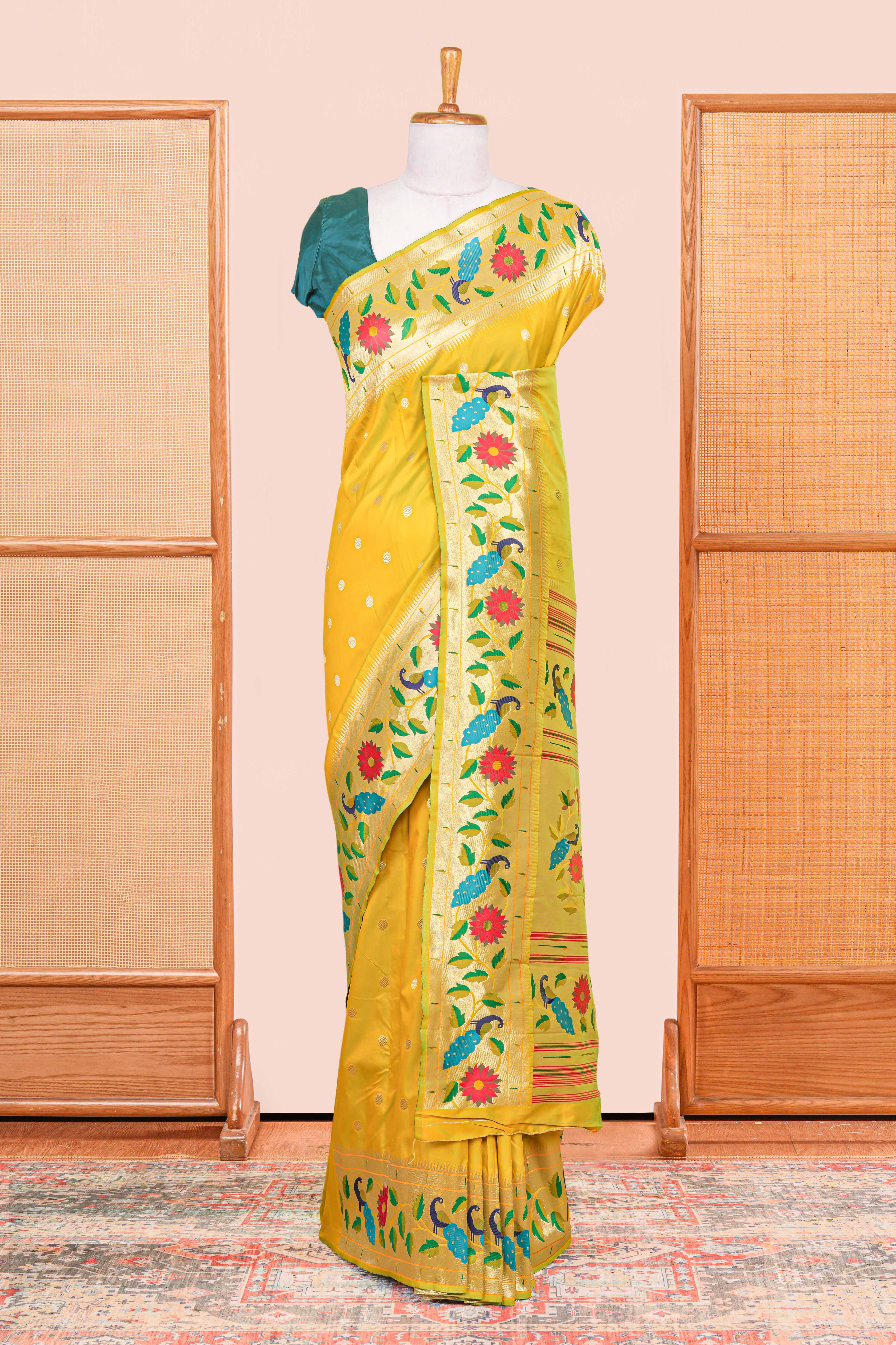 Haldi yellow art silk paithani pallu saree