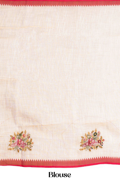 Handcrafted embroidered linen saree with blouse
