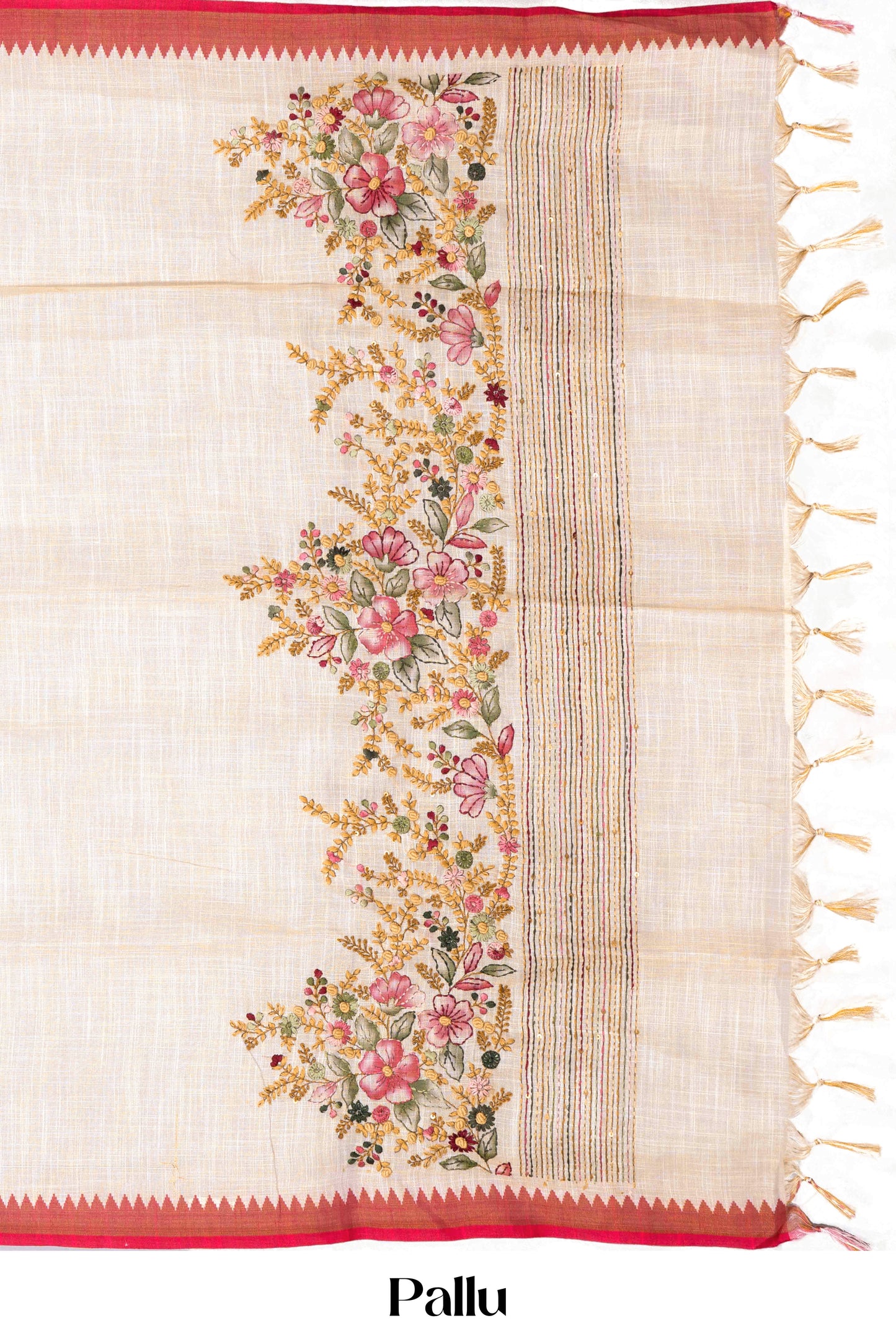 Handcrafted embroidered white linen saree