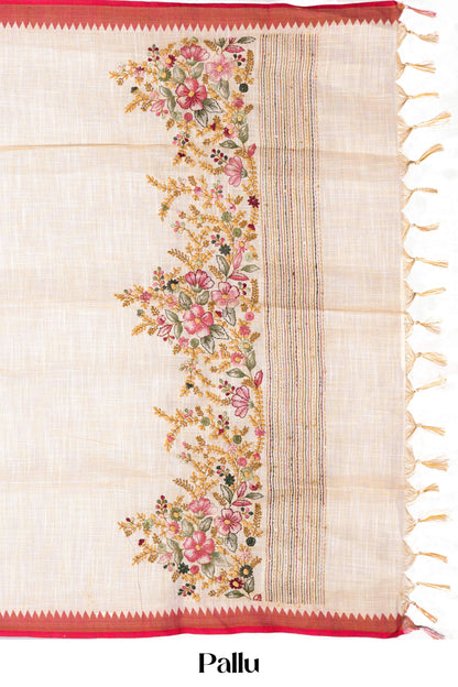 Handcrafted embroidered white linen saree