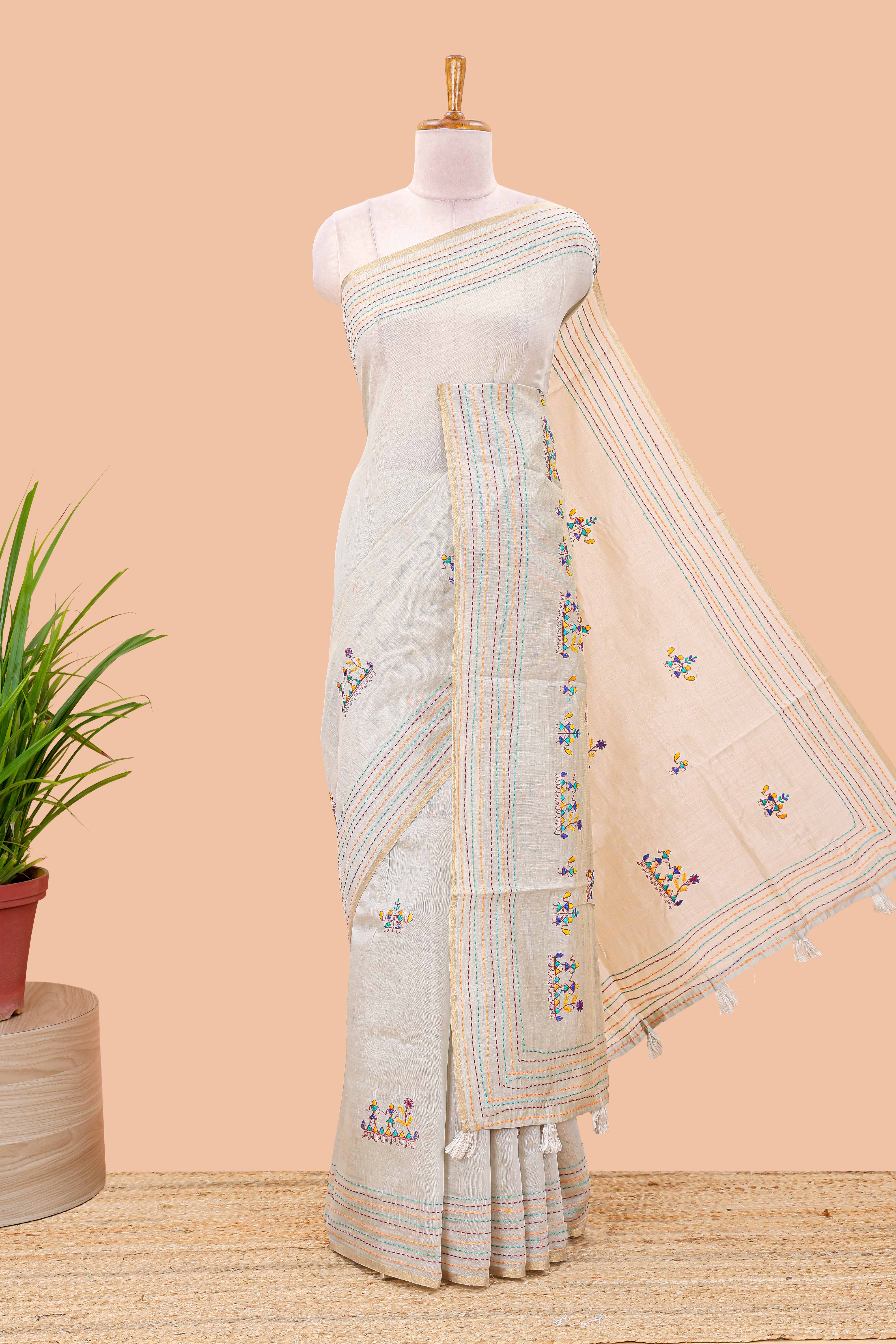 Hash grey chanderi cotton saree warli tribal couple embroidery