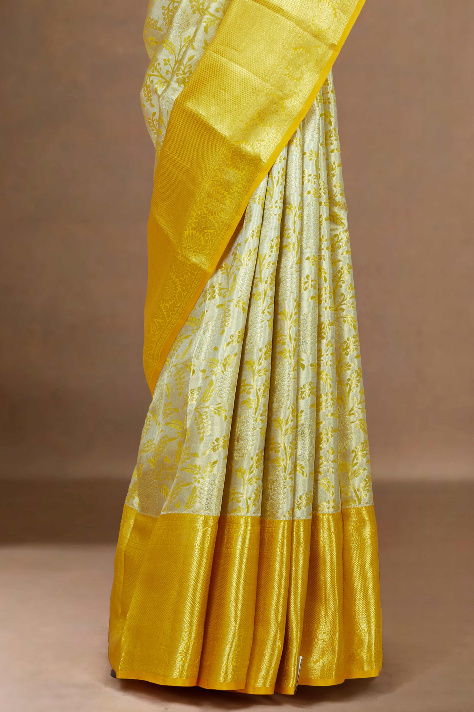 Ivory mustard silk saree traditional