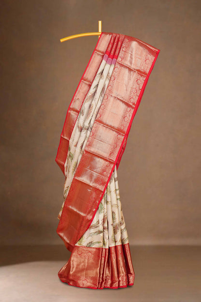 Ivory red silk saree