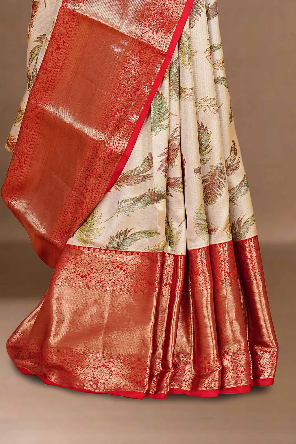 Ivory silk saree with red border
