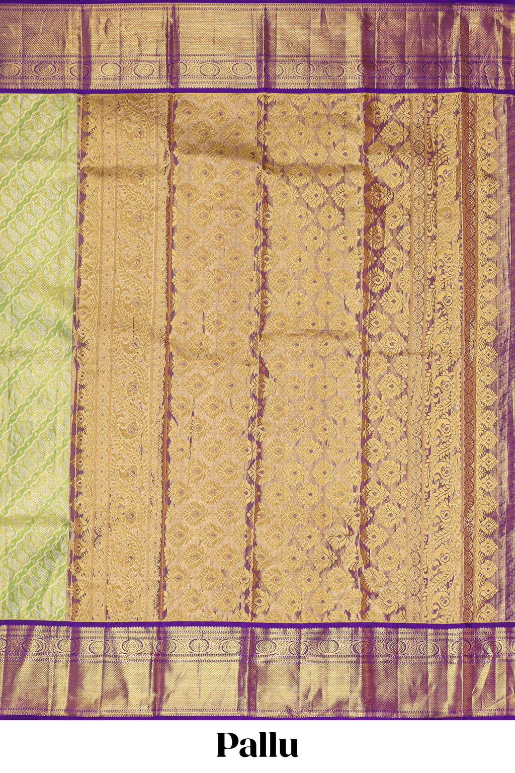 Parrot green paisley pattern Kanchipuram traditional silk saree with contrast zari border and zari pallu comes with blouse