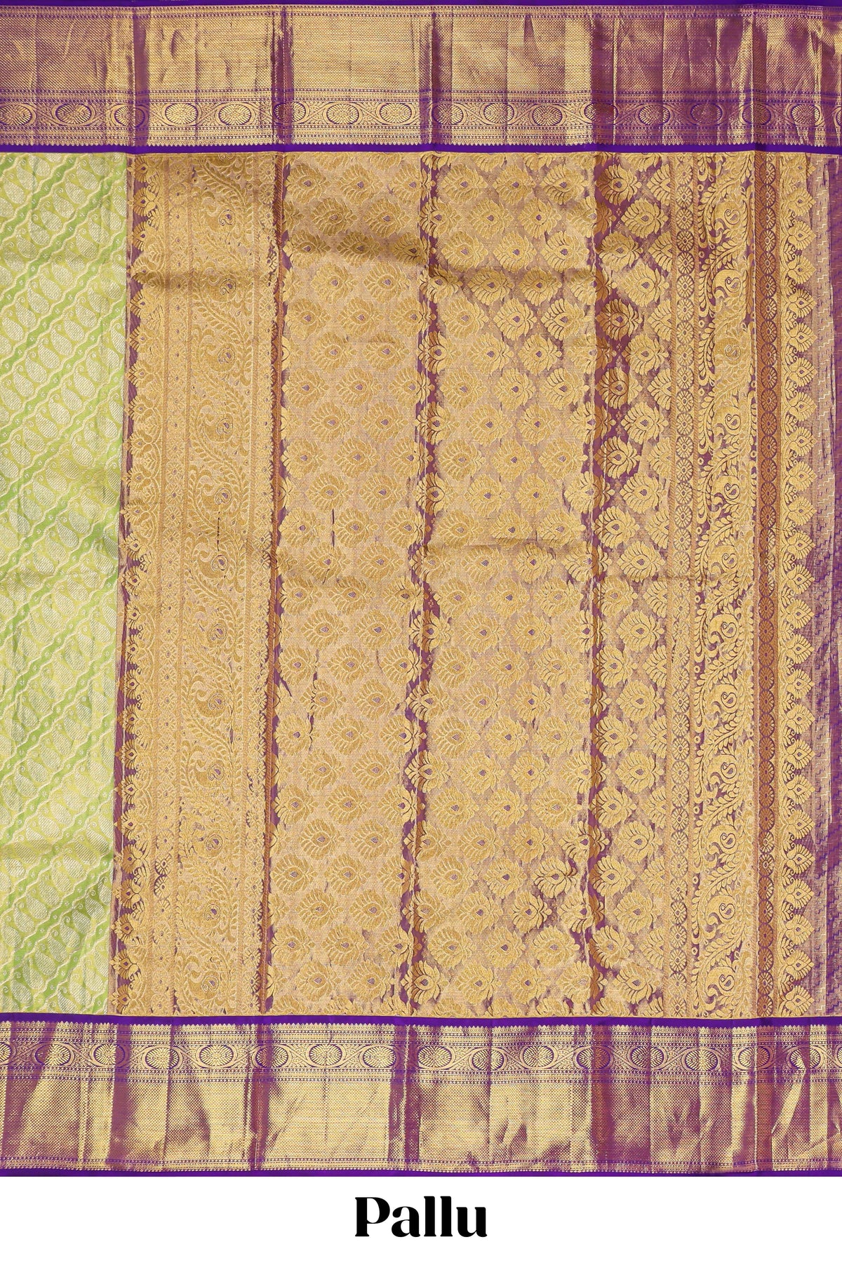 Parrot green paisley pattern Kanchipuram traditional silk saree with contrast zari border and zari pallu comes with blouse