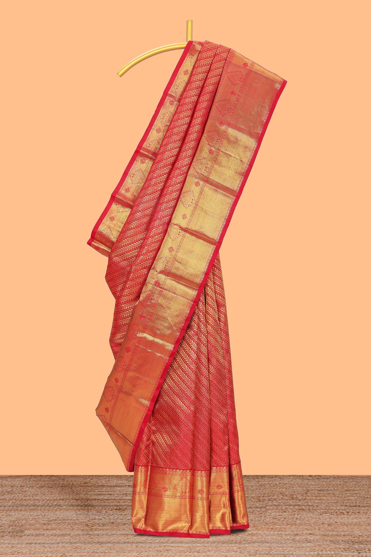Red floral striped Kanchipuram wedding silk saree with self zari border and zari pallu comes with matching blouse
