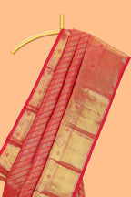 Red floral striped Kanchipuram wedding silk saree with self zari border and zari pallu comes with matching blouse