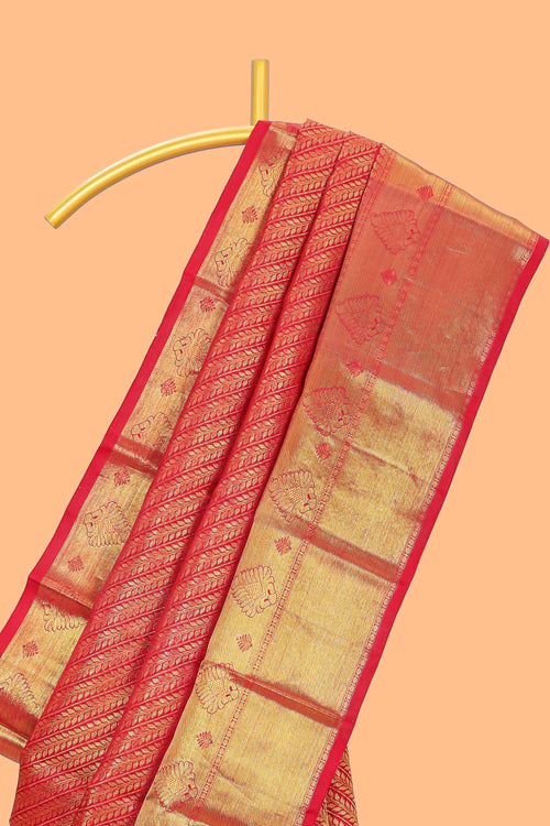 Red floral striped Kanchipuram wedding silk saree with self zari border and zari pallu comes with matching blouse