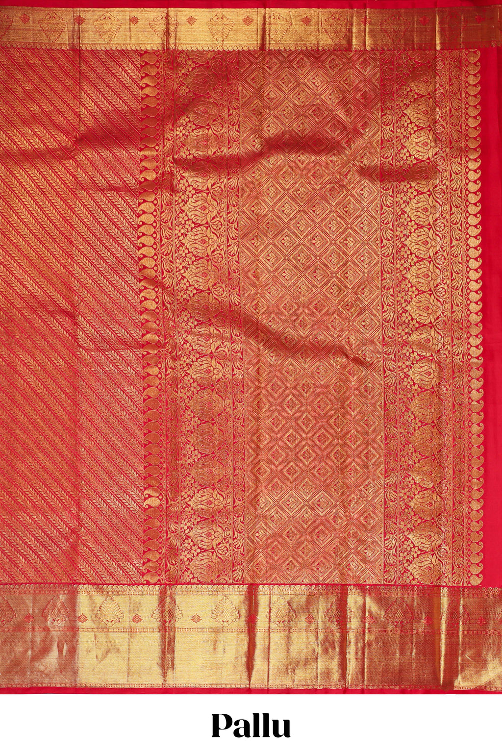 Red floral striped Kanchipuram wedding silk saree with self zari border and zari pallu comes with matching blouse