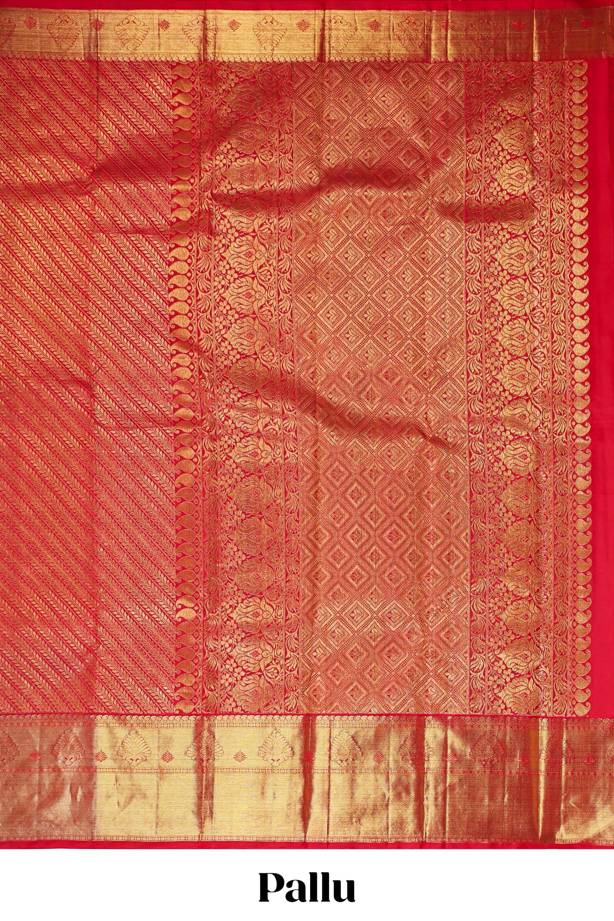 Red floral striped Kanchipuram wedding silk saree with self zari border and zari pallu comes with matching blouse