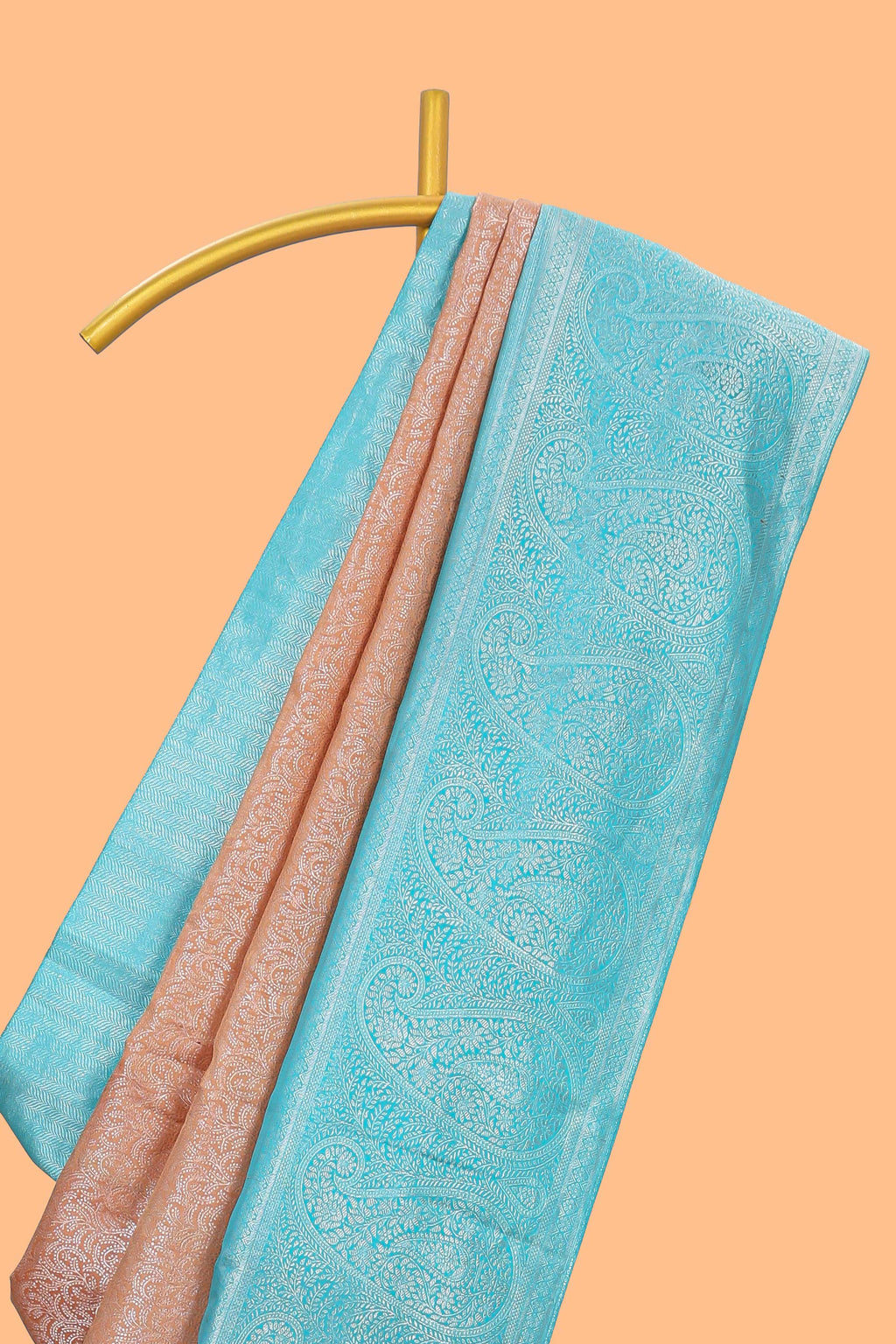 Dusty peach floral designed  Kanchipuram designer silk saree with contrast zari border and zari pallu comes with blouse