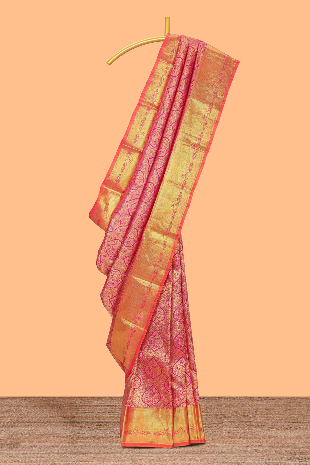 Rani pink paisley motifs Kanchipuram designer silk saree with self zari border and matching blouse