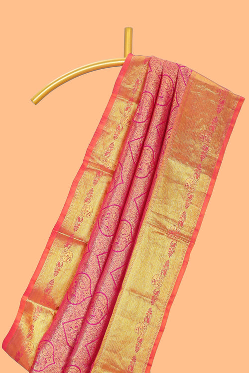 Rani pink paisley motifs Kanchipuram designer silk saree with self zari border and matching blouse