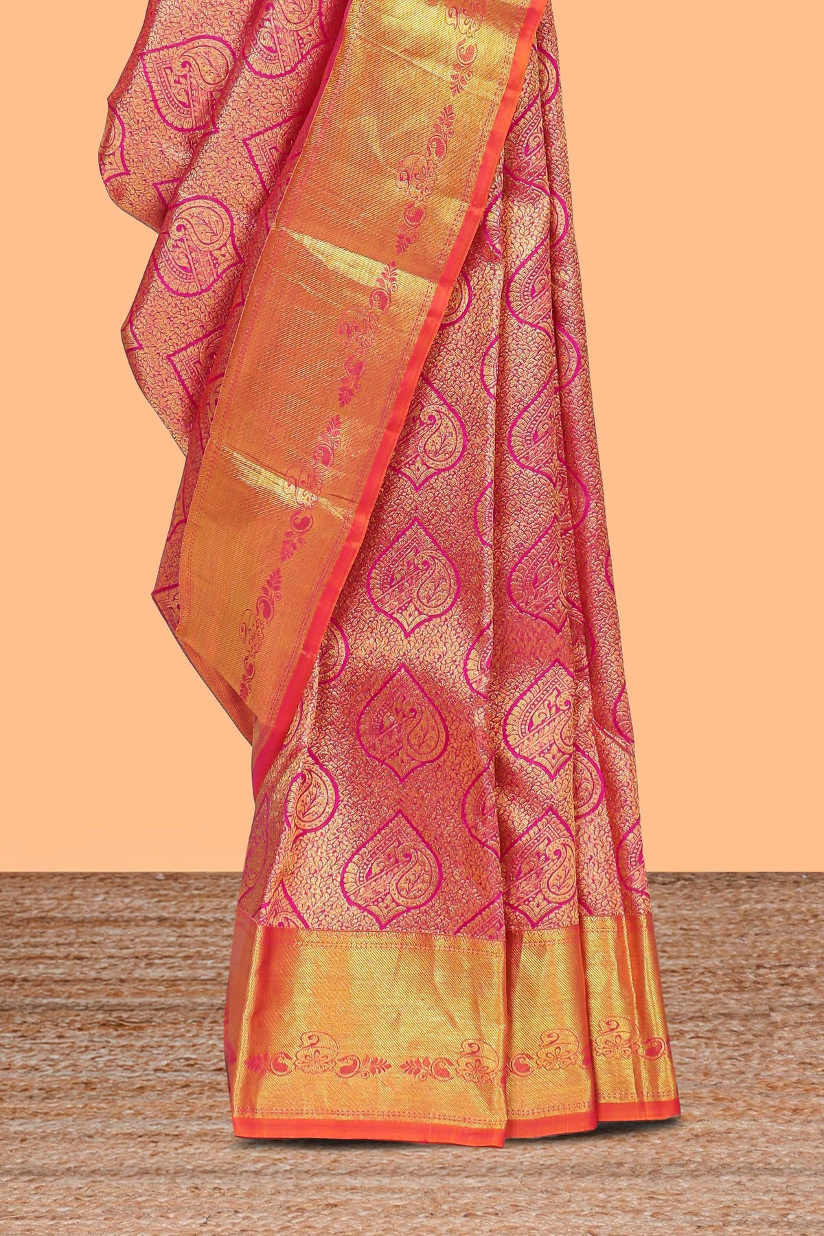 Rani pink paisley motifs Kanchipuram designer silk saree with self zari border and matching blouse