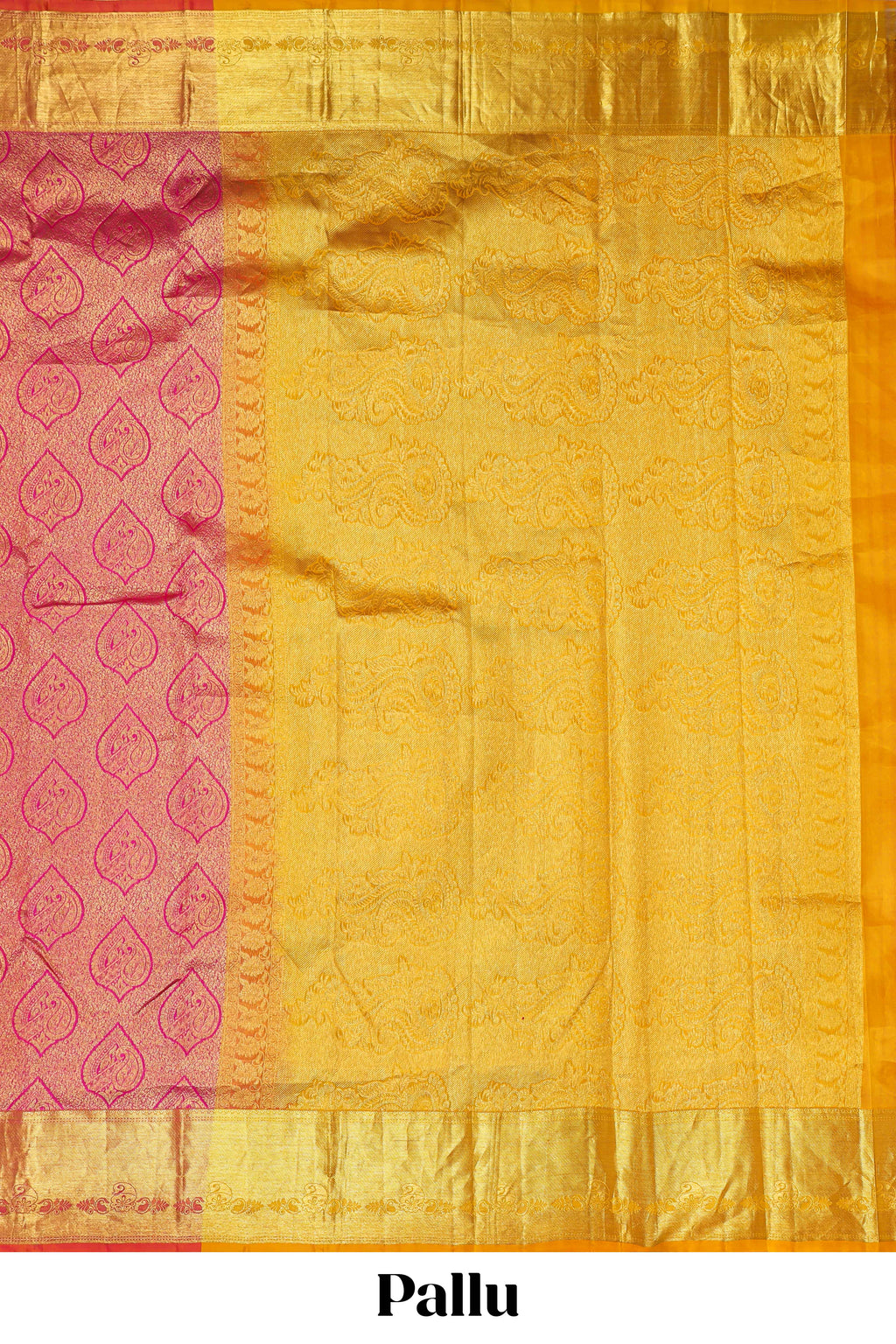 Rani pink paisley motifs Kanchipuram designer silk saree with self zari border and matching blouse