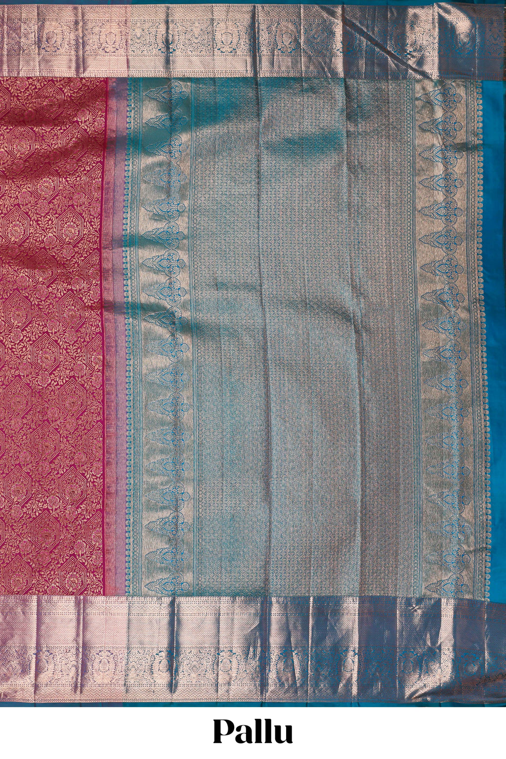 Magenta floral designed Kanchipuram silk saree with contrast zari border and zari work pallu comes with contrast blouse