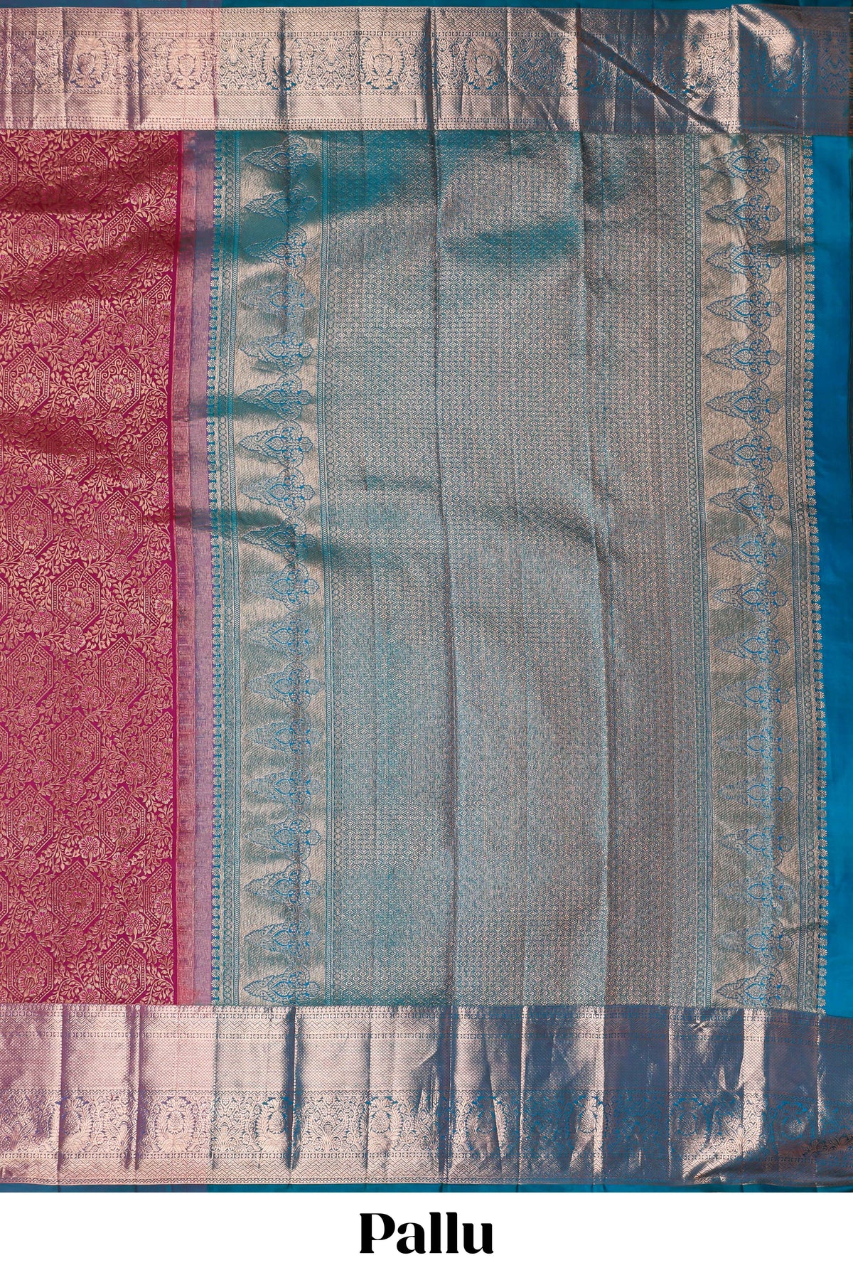 Magenta floral designed Kanchipuram silk saree with contrast zari border and zari work pallu comes with contrast blouse