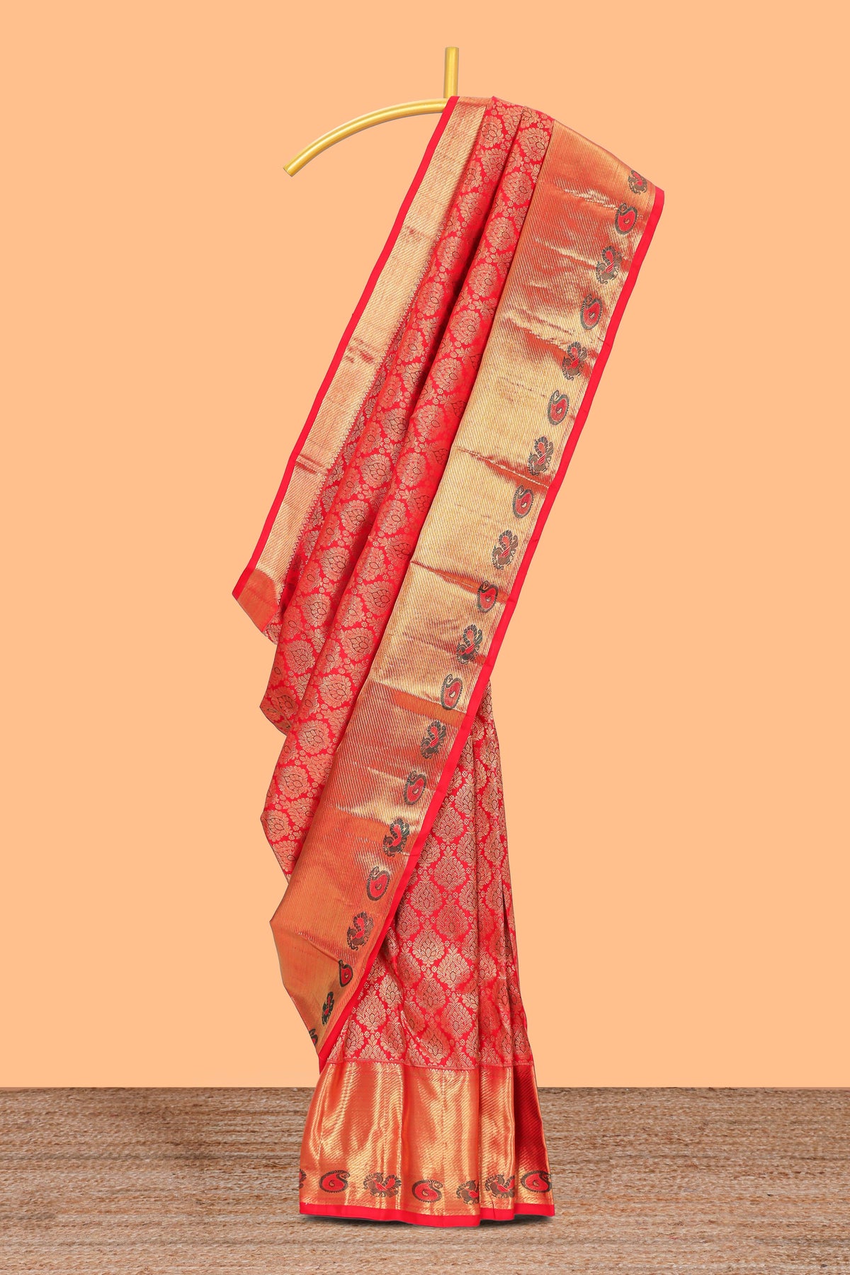 Red floral motifs Kanchipuram wedding silk saree with self zari border and zari pallu comes with matching blouse