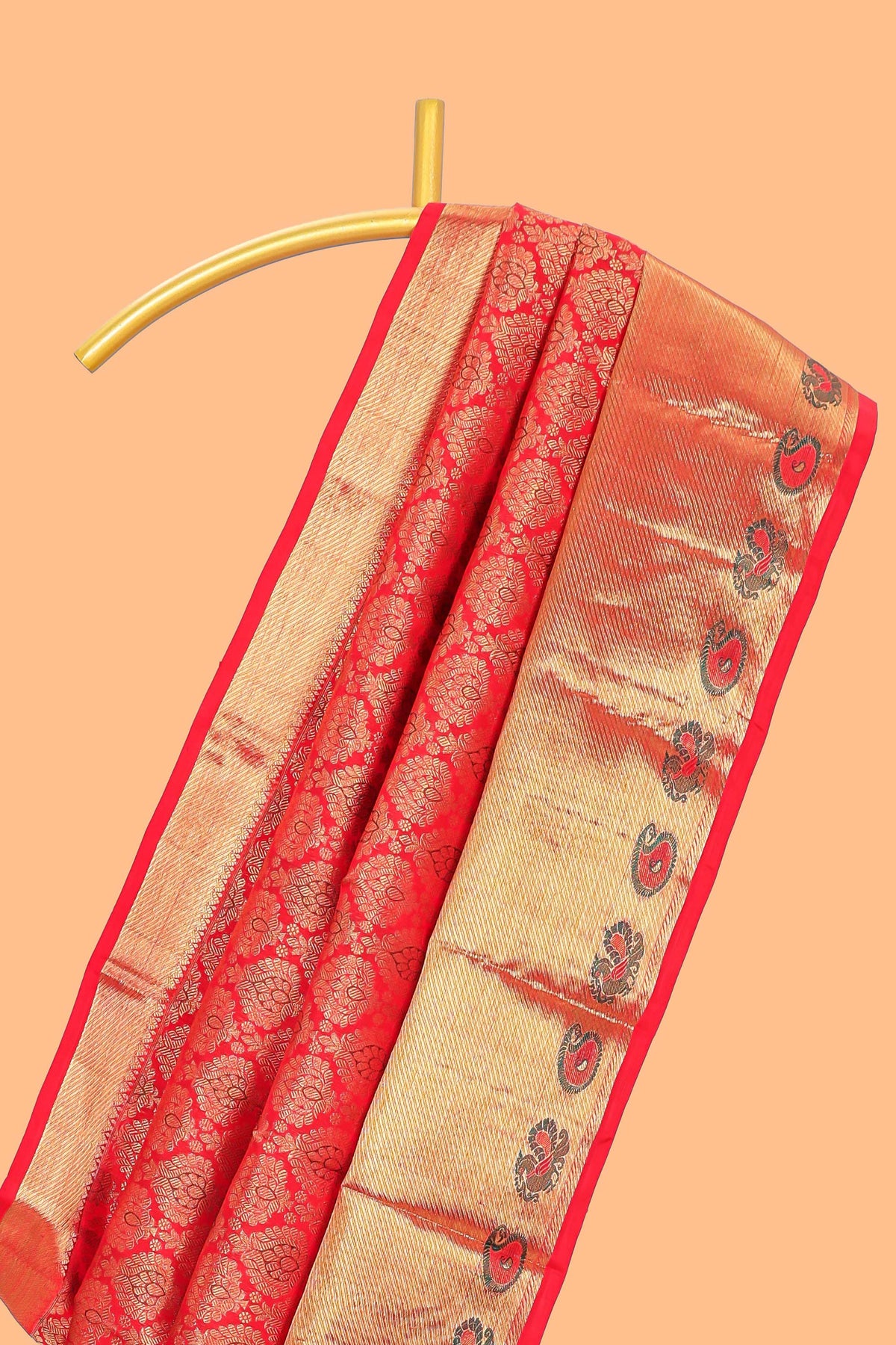 Red floral motifs Kanchipuram wedding silk saree with self zari border and zari pallu comes with matching blouse