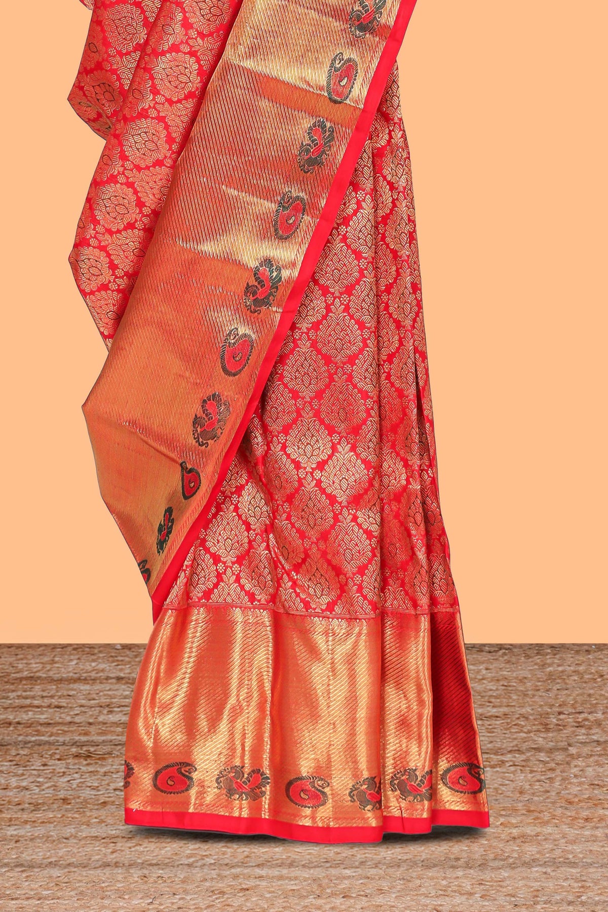 Red floral motifs Kanchipuram wedding silk saree with self zari border and zari pallu comes with matching blouse