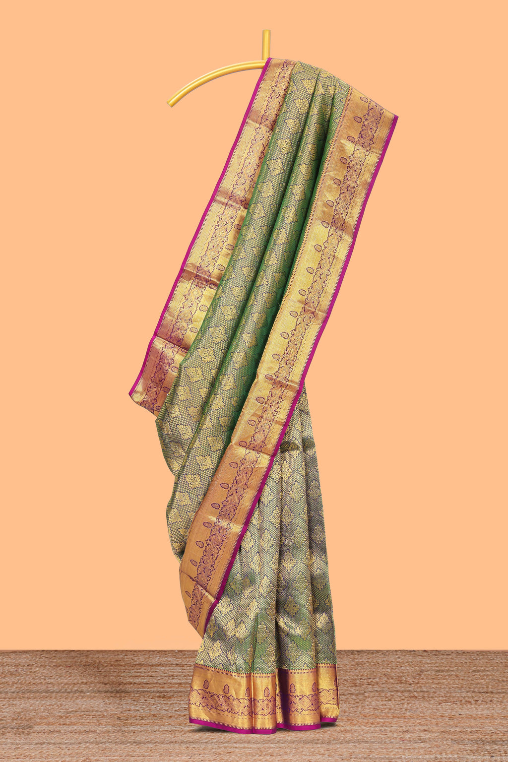 Green zari designed floral motifs Kanchipuram silk saree with contrast zari border and zari work pallu comes with contrast blouse