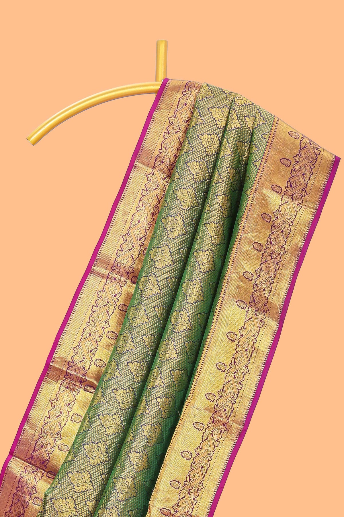 Green zari designed floral motifs Kanchipuram silk saree with contrast zari border and zari work pallu comes with contrast blouse