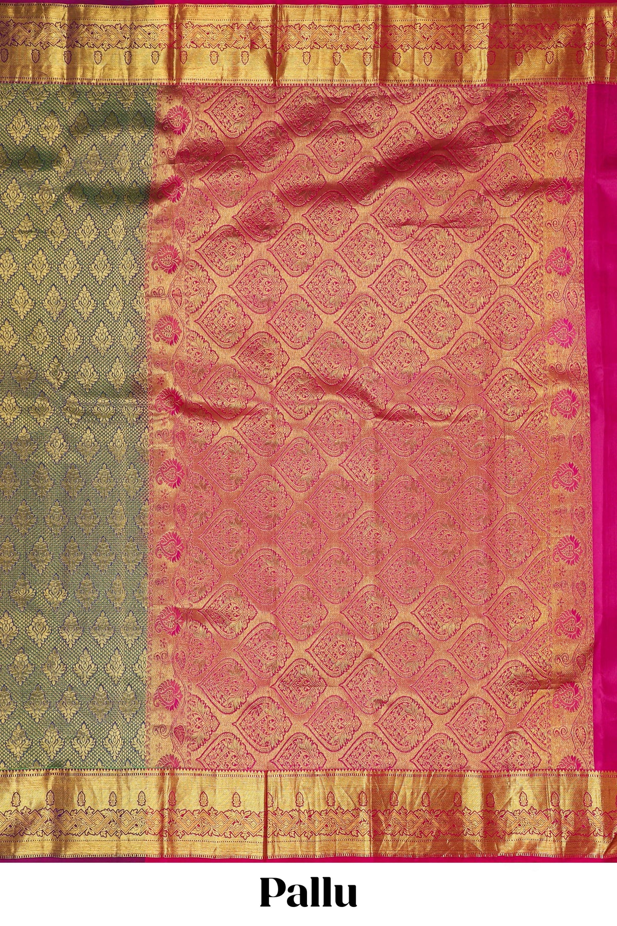 Green zari designed floral motifs Kanchipuram silk saree with contrast zari border and zari work pallu comes with contrast blouse