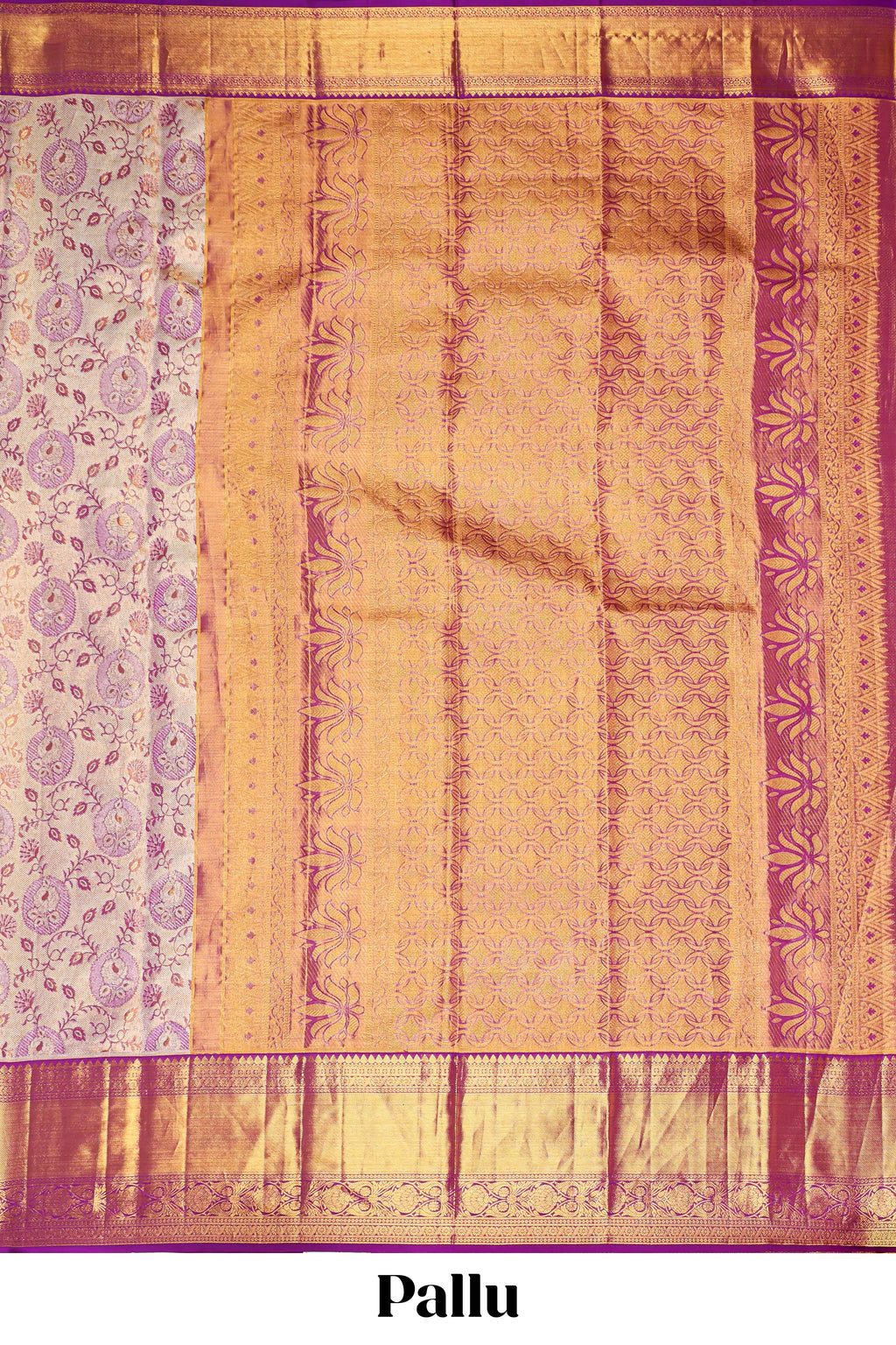 Violet zari floral designed Kanchipuram tissue silk saree with self zari border and zari work pallu comes with matching blouse